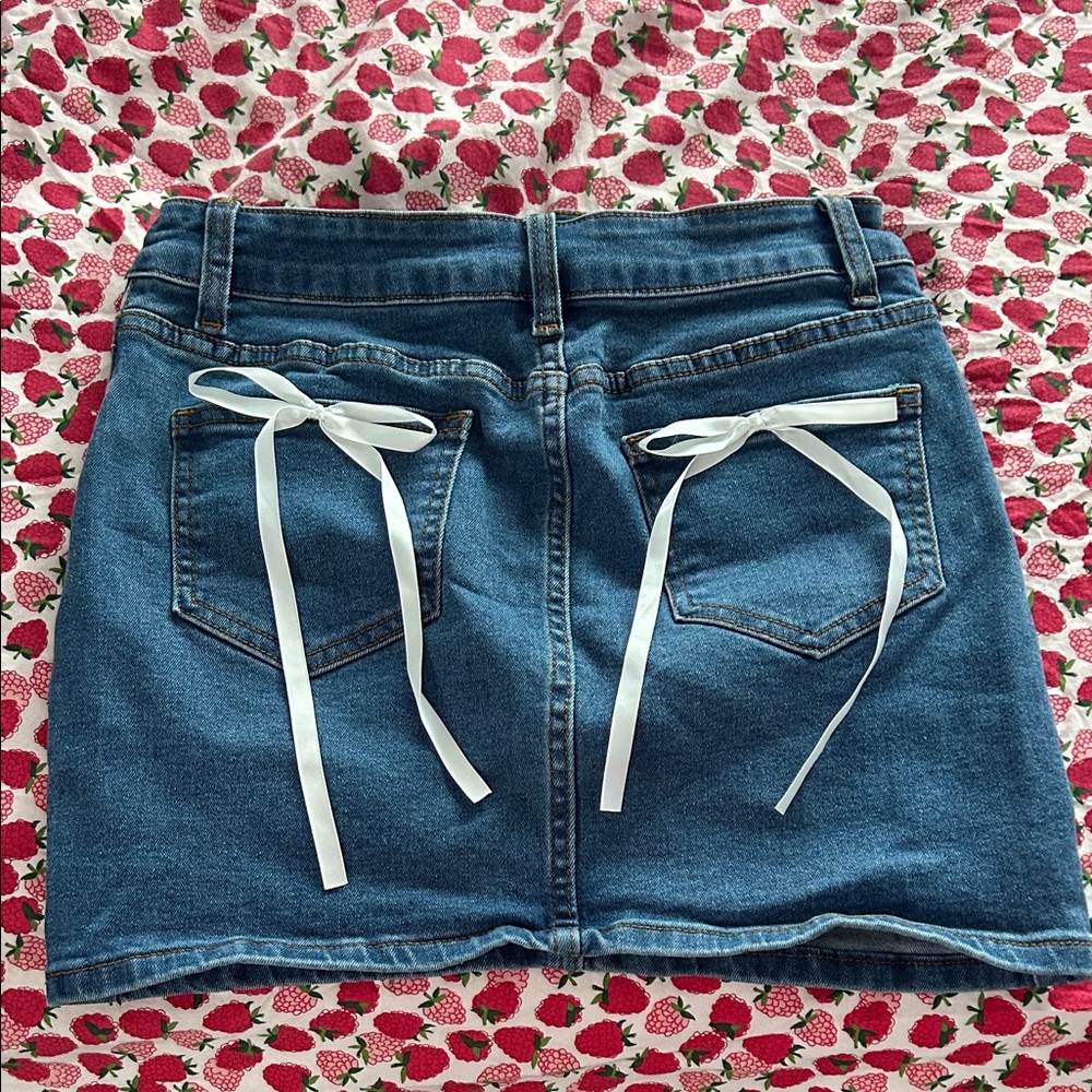 Amazon Blue Denim Skirt with White Ribbon Details